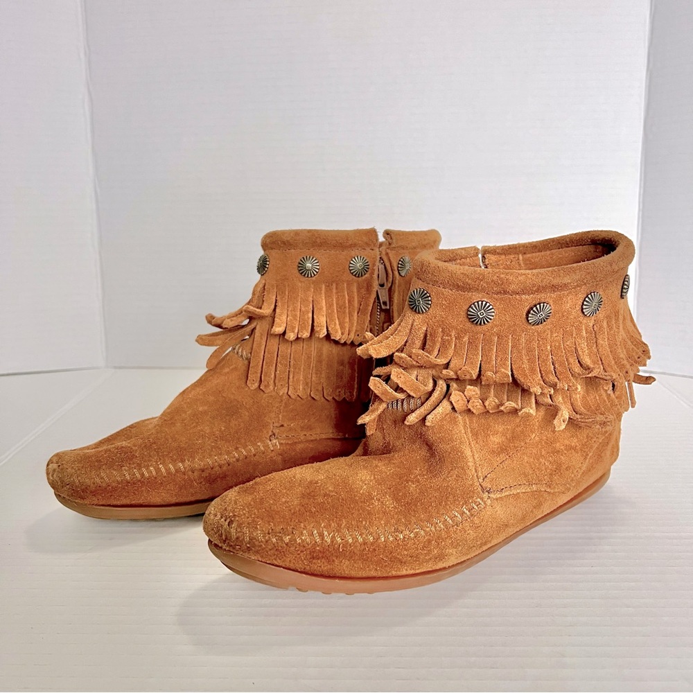 Brown Suede Bootie Moccasins – Size 7 with Metal Accents Boho Festival Hippie